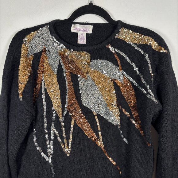 Vintage Silk Angora Wool Sequin Sweater Gold Black Silver Holidays Nye Size M - Picture 4 of 7